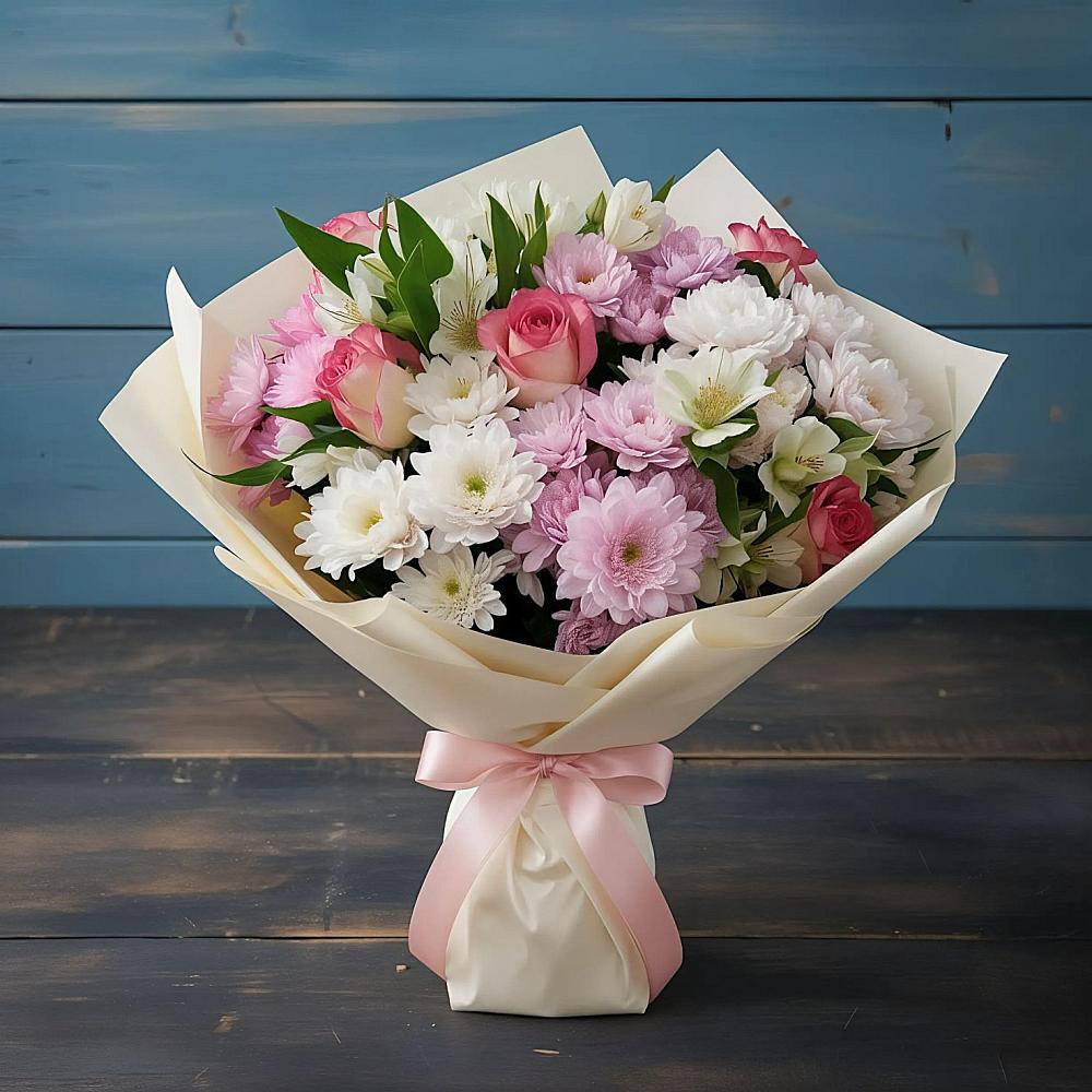 Букет цветов из: Хризантемы, Альстромерии и Розы в Махнёво Свердловской области